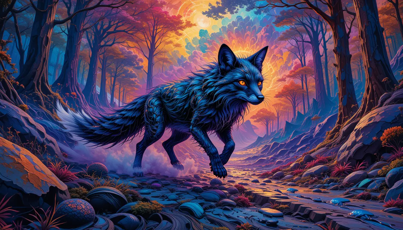 Melanistic fox racing through a radiant alien forest