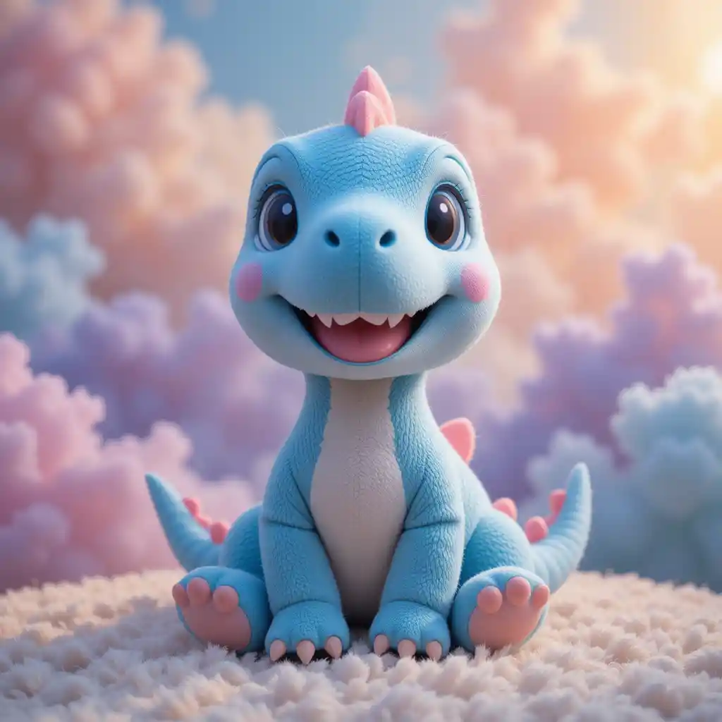 Lächelndes blaues Dinosaurier-Kuscheltier auf flauschigen Pastellwolken