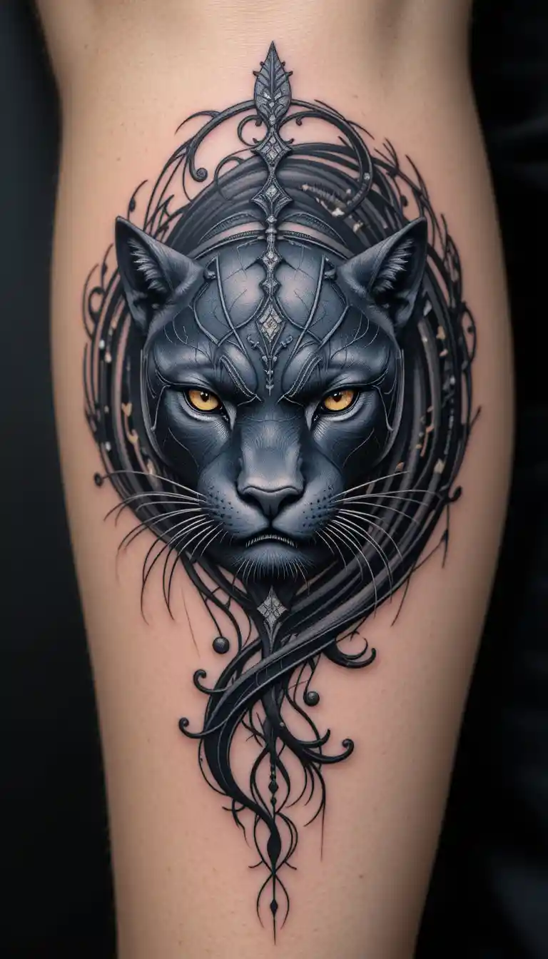 Majestic black panther tattoo with tribal inspired patterns
