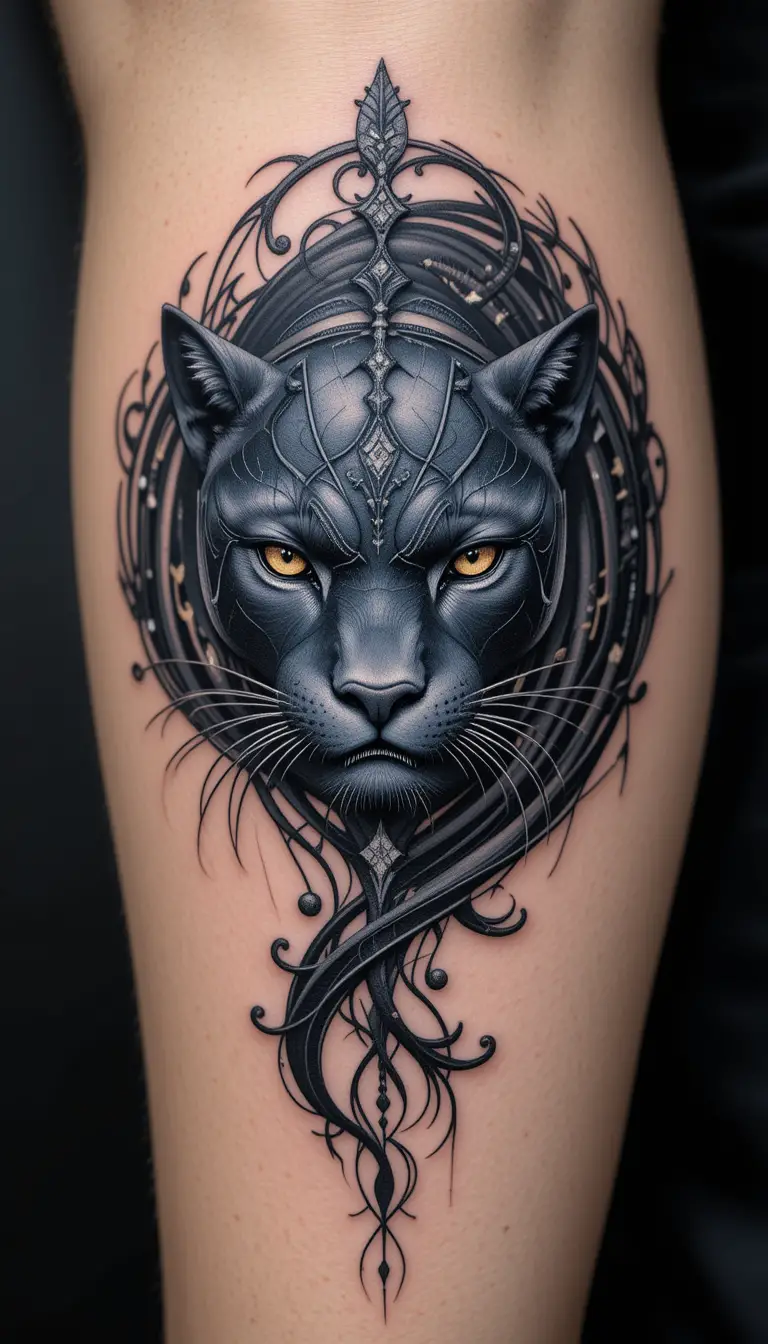 Majestic black panther tattoo with tribal inspired patterns