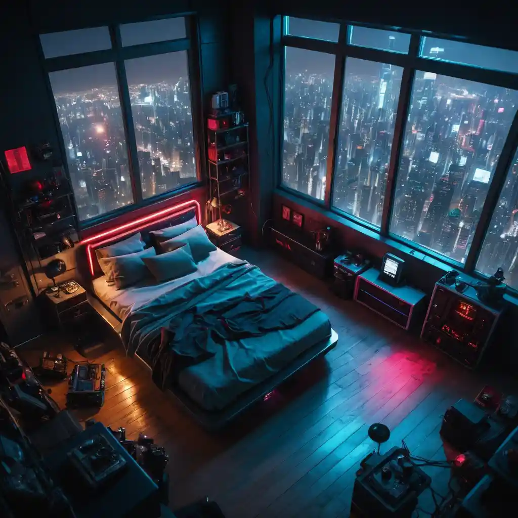 Cyberpunk penthouse bedroom with floating futuristic furniture