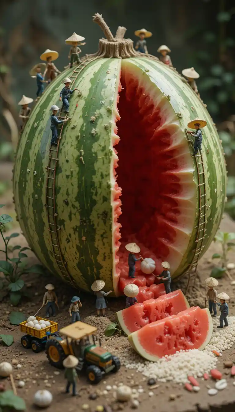 Miniature farmers carving a giant watermelon construction scene
