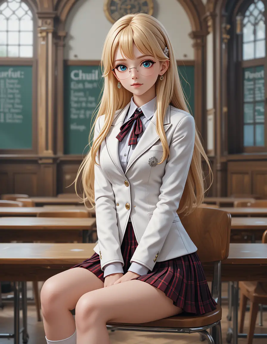 Blonde anime schoolgirl in uniform sitting in classroom
