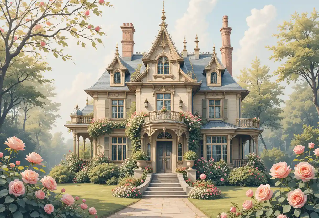 Fairytale house with roses in soft watercolor style