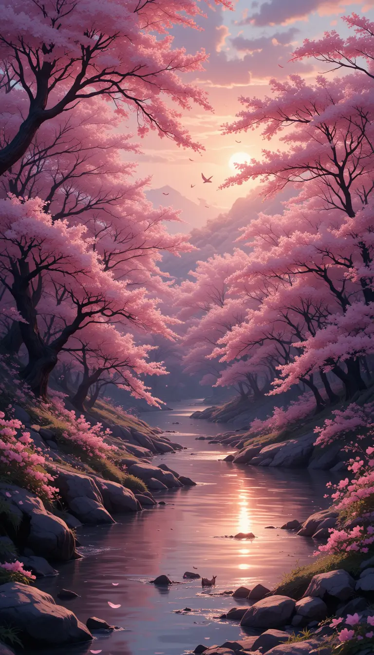 Floresta de sakura fantástica com espíritos de raposa ao pôr do sol