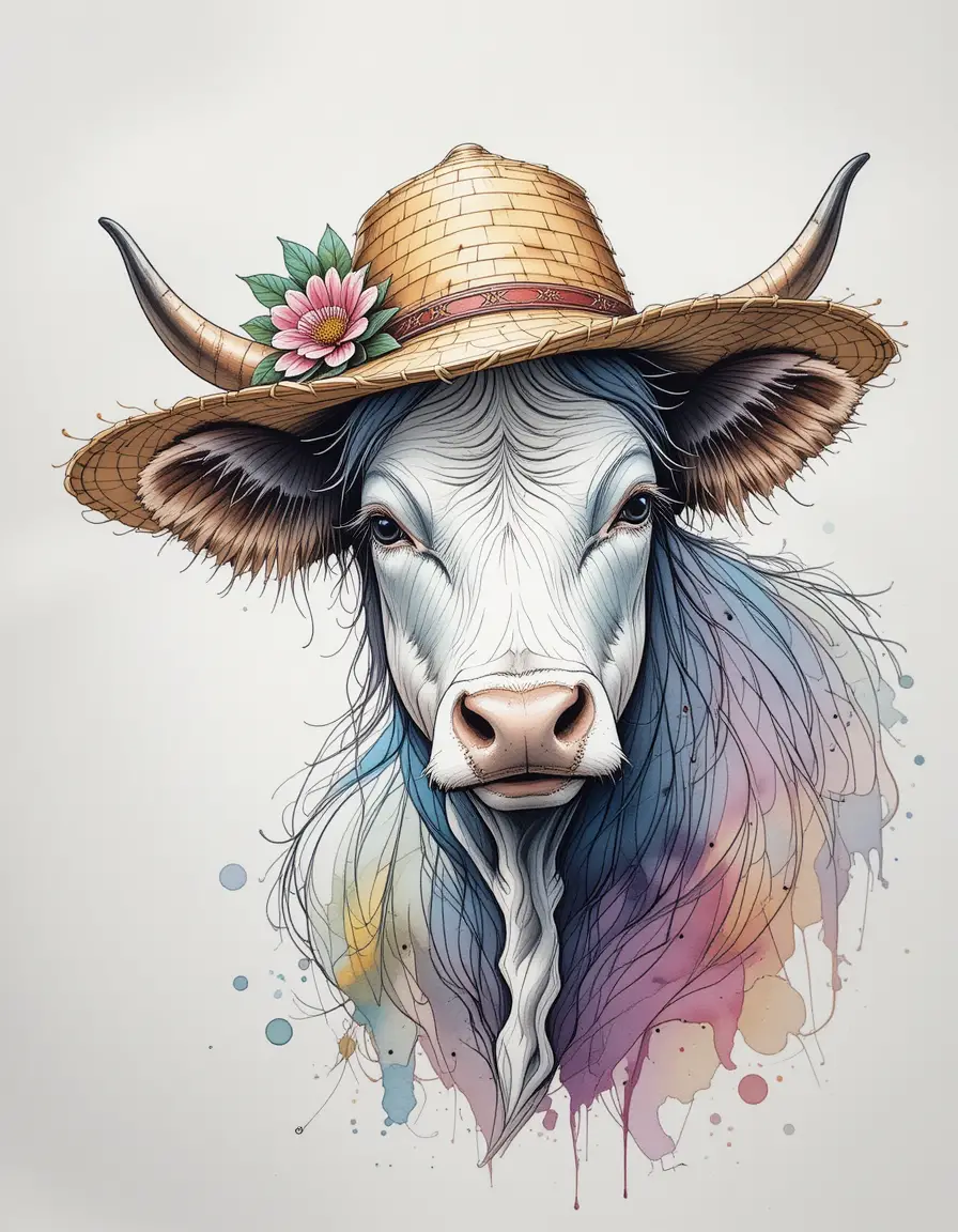 Watercolor illustration of a highland cow in straw hat