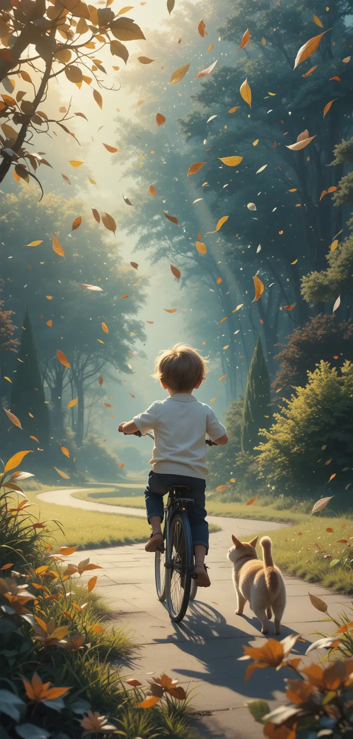 Petit garçon faisant du vélo dans une cour magique