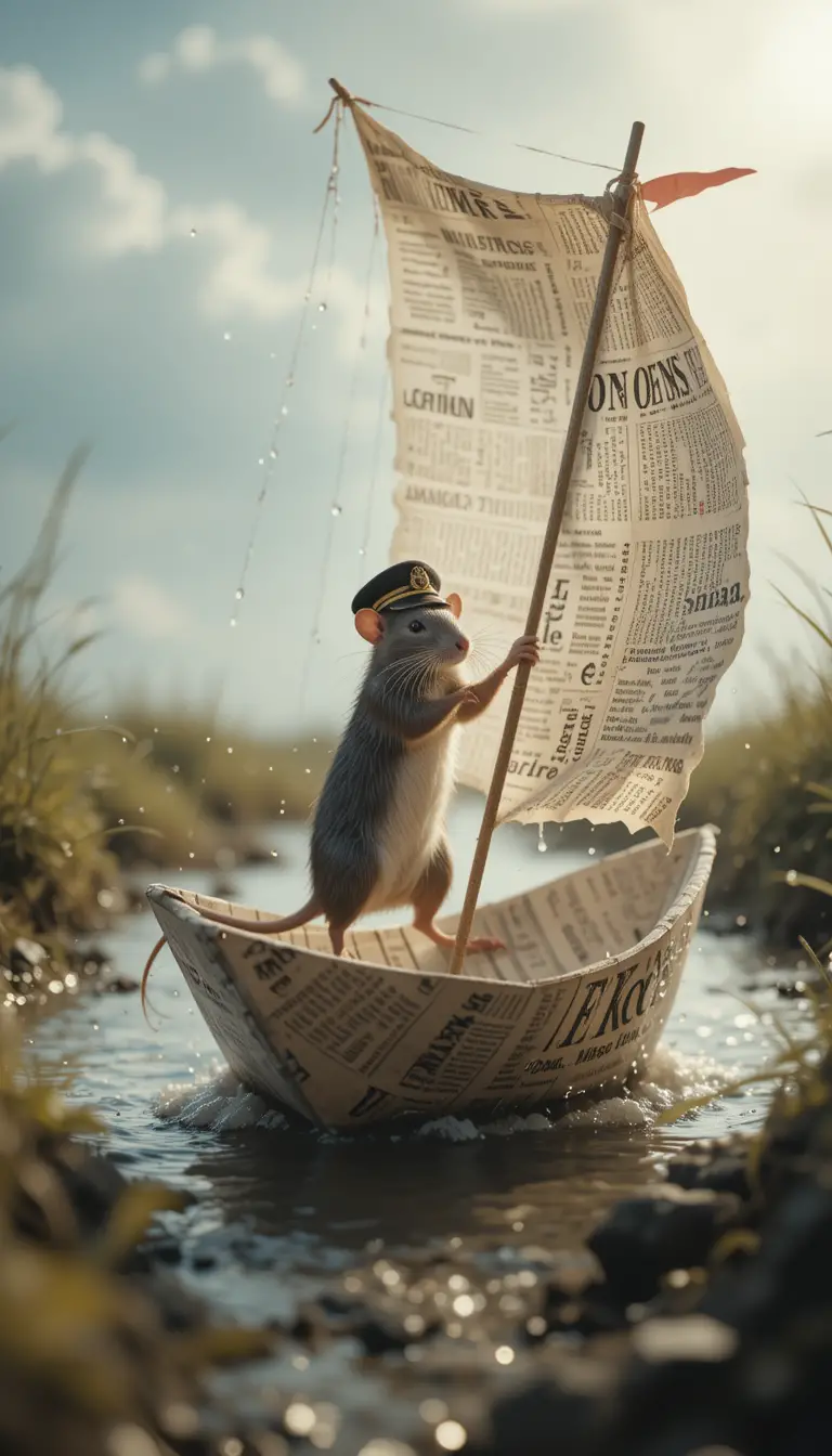 Rat Captain On Paper Boat In Windy Cinematic Scene