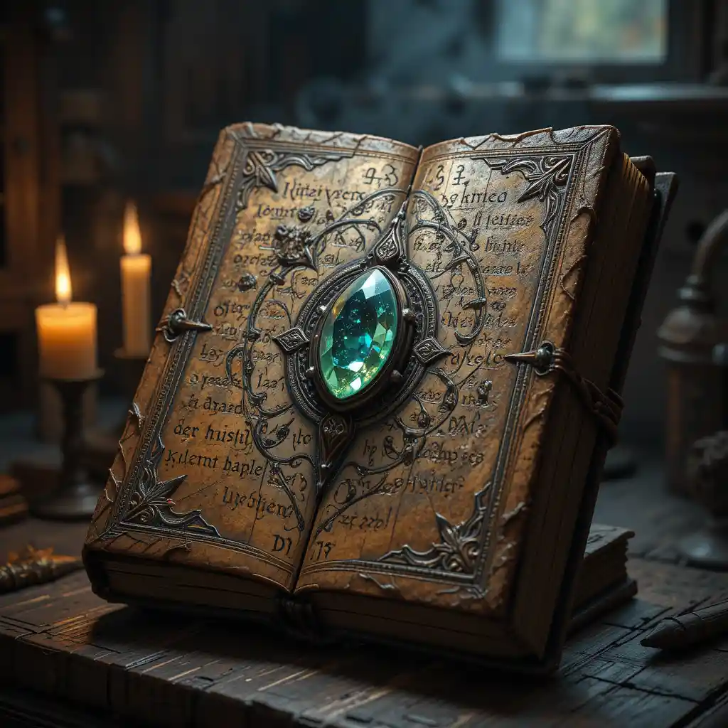 Antico libro di pelle che si apre su una scrivania di legno illuminata da candele