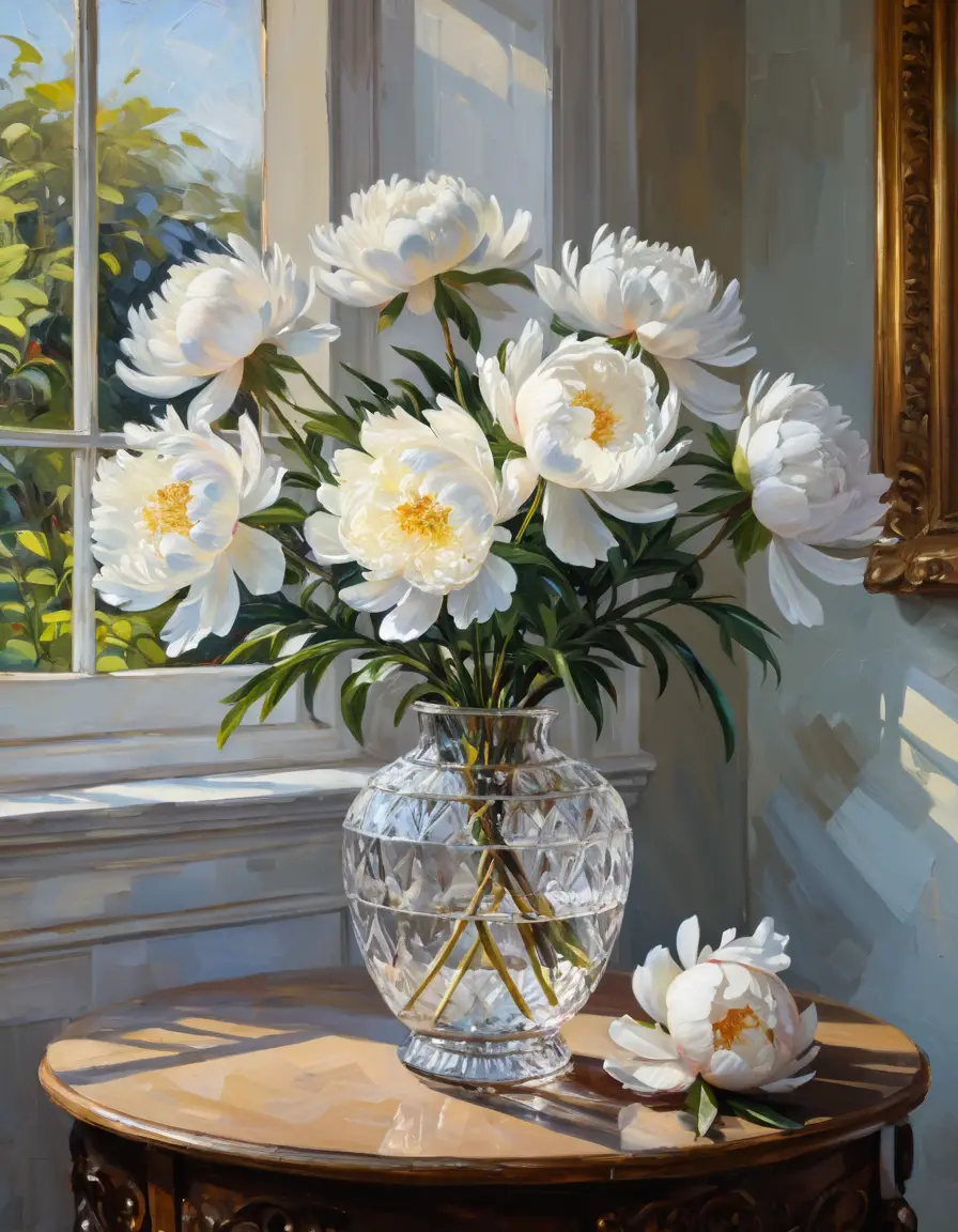 Dipinto impressionista di peonie in un vaso di cristallo in interni