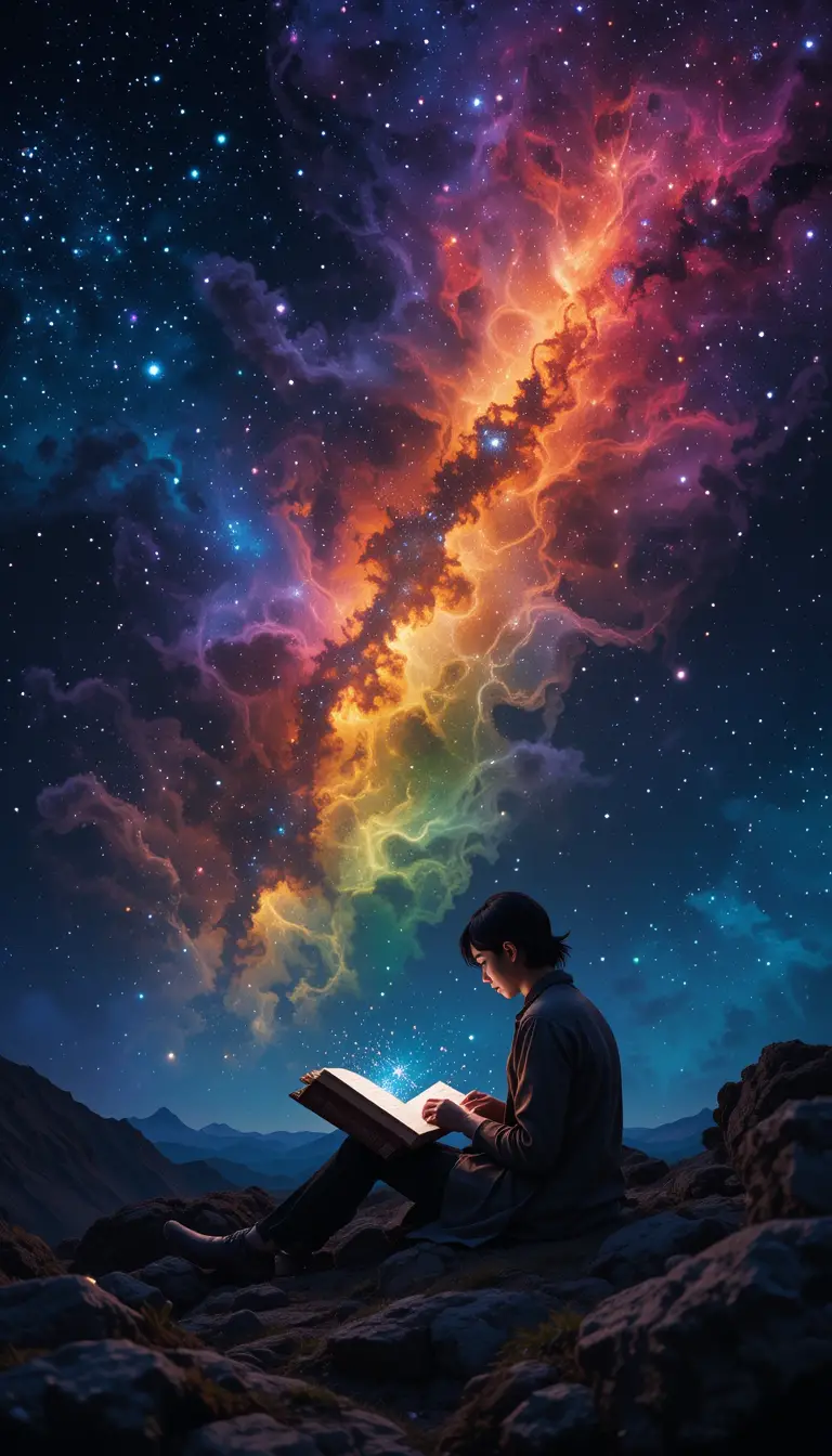 Person reading a glowing book among cosmic rainbow stars