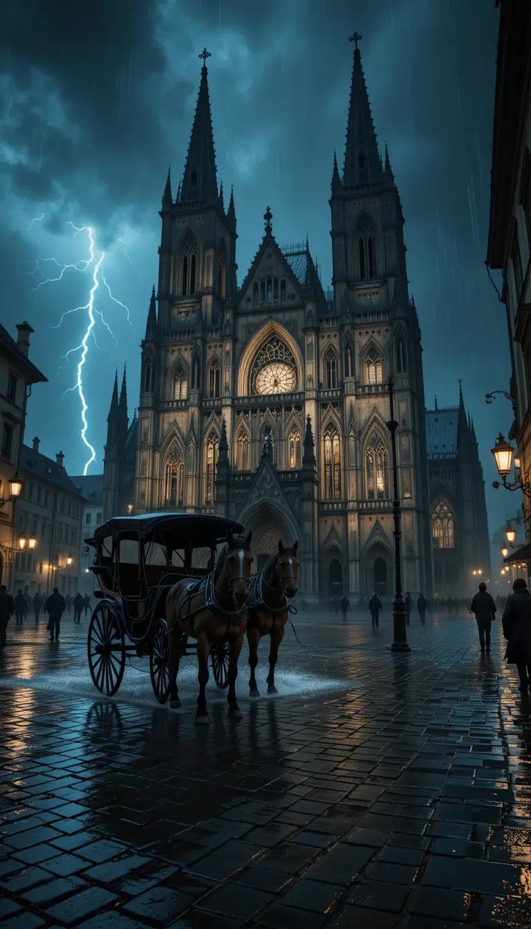 Gothic cathedral at night in stormy lantern light