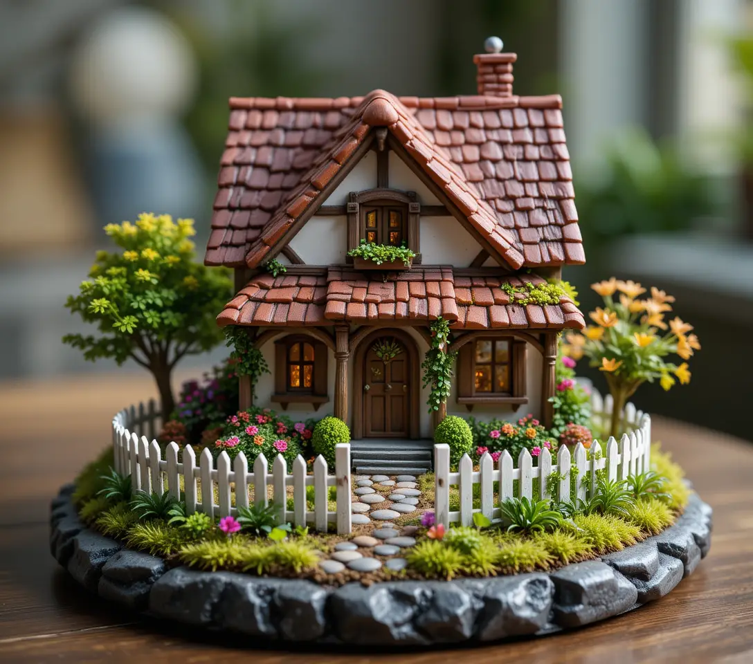 Charming miniature house with garden on dark stone base