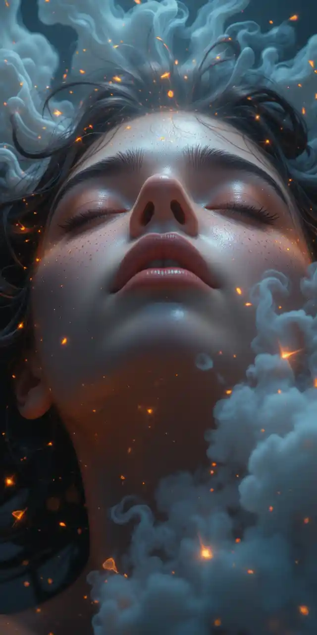 Close up anime woman in flames with closed eyes