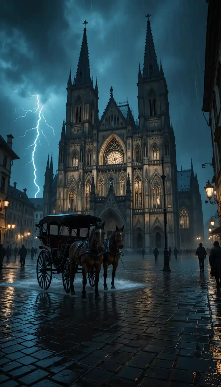 Gothic cathedral at night in stormy lantern light