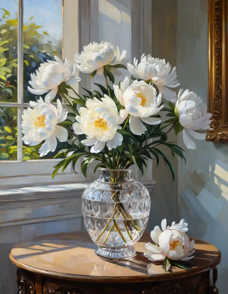 Dipinto impressionista di peonie in un vaso di cristallo in interni