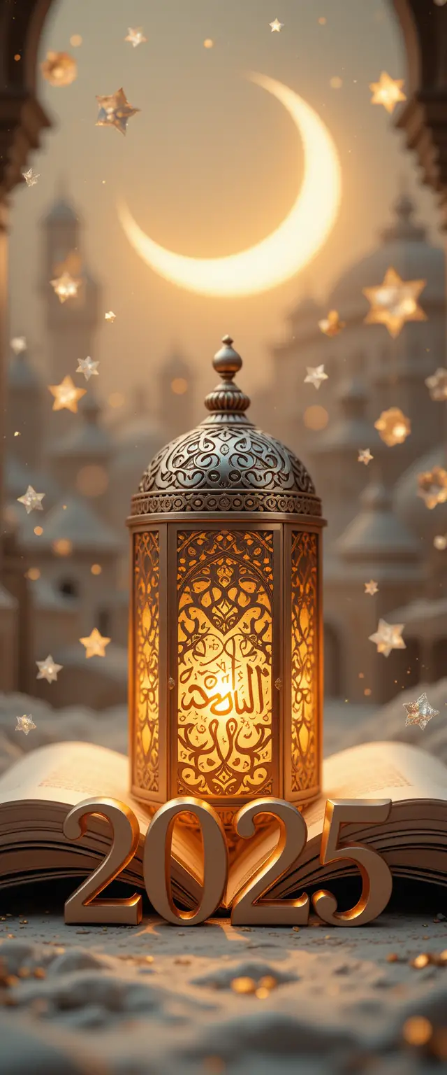 Ramadan greeting card with golden lantern and crescent moon