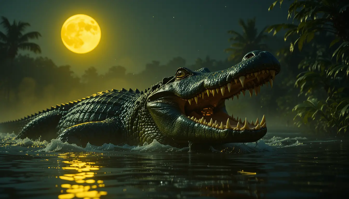 Massive crocodile emerging from a moonlit lagoon