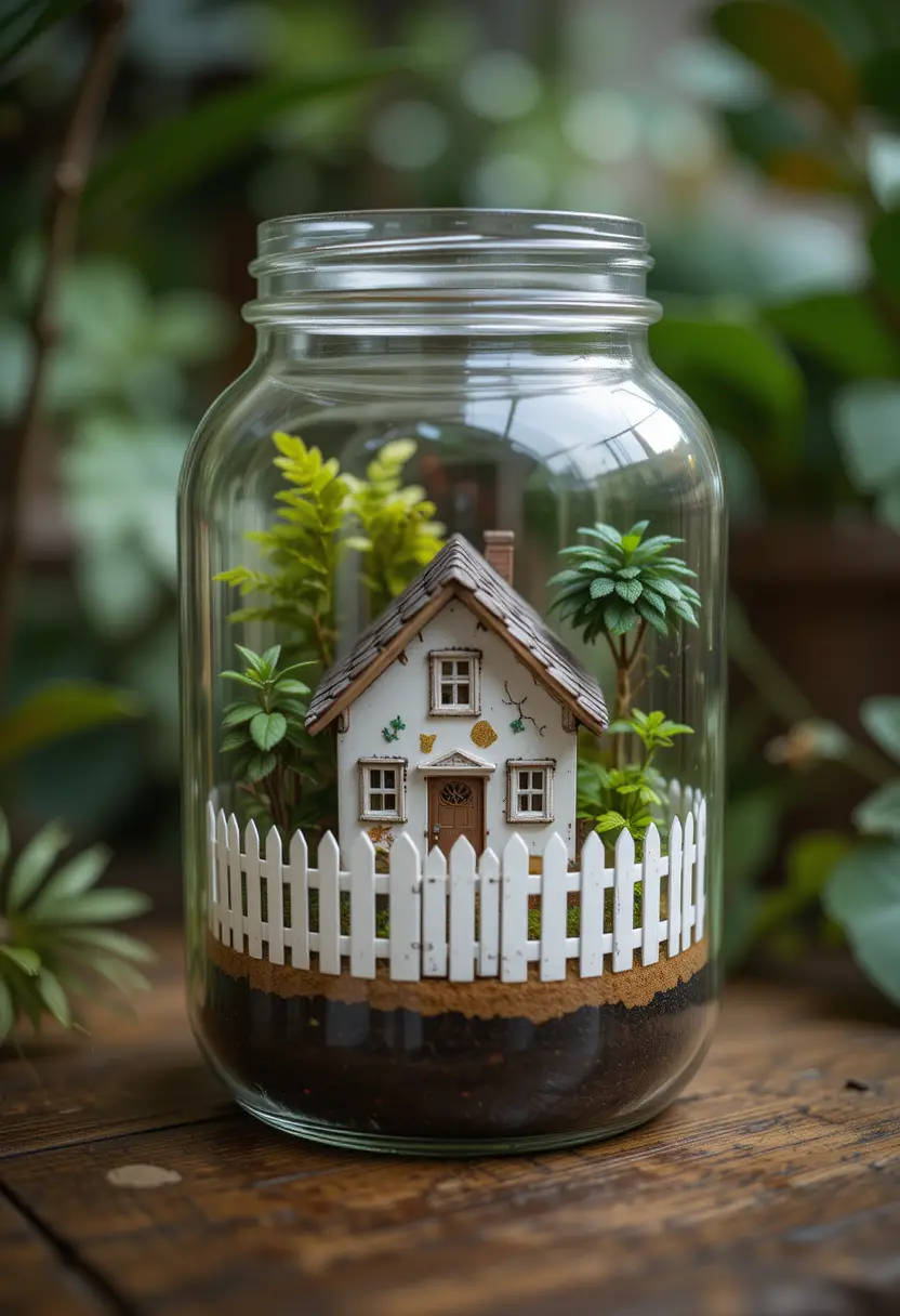 Miniature house in glass jar on table with jungle plants