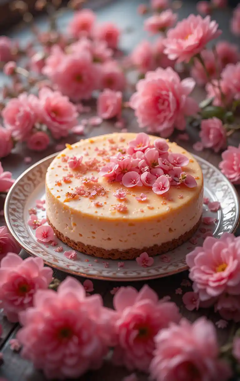 Cheesecake On Plate With Pink Flowers In Vintage Style