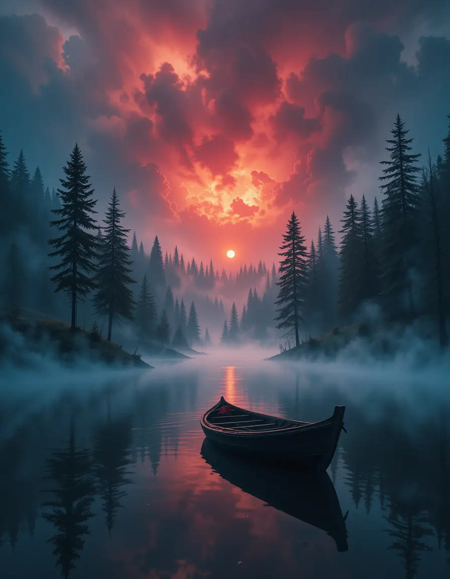 Colorful lake with boat at sunrise among trees