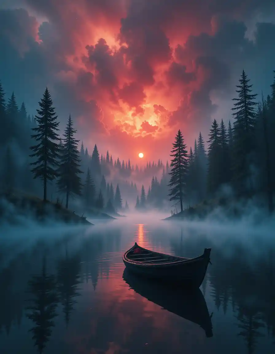 Lac coloré avec bateau au lever du soleil parmi les arbres