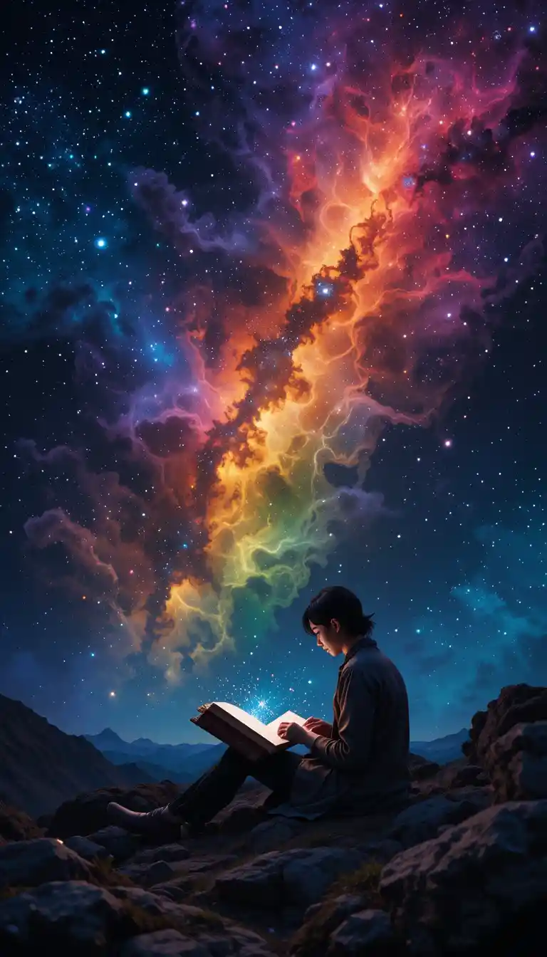 Person reading a glowing book among cosmic rainbow stars