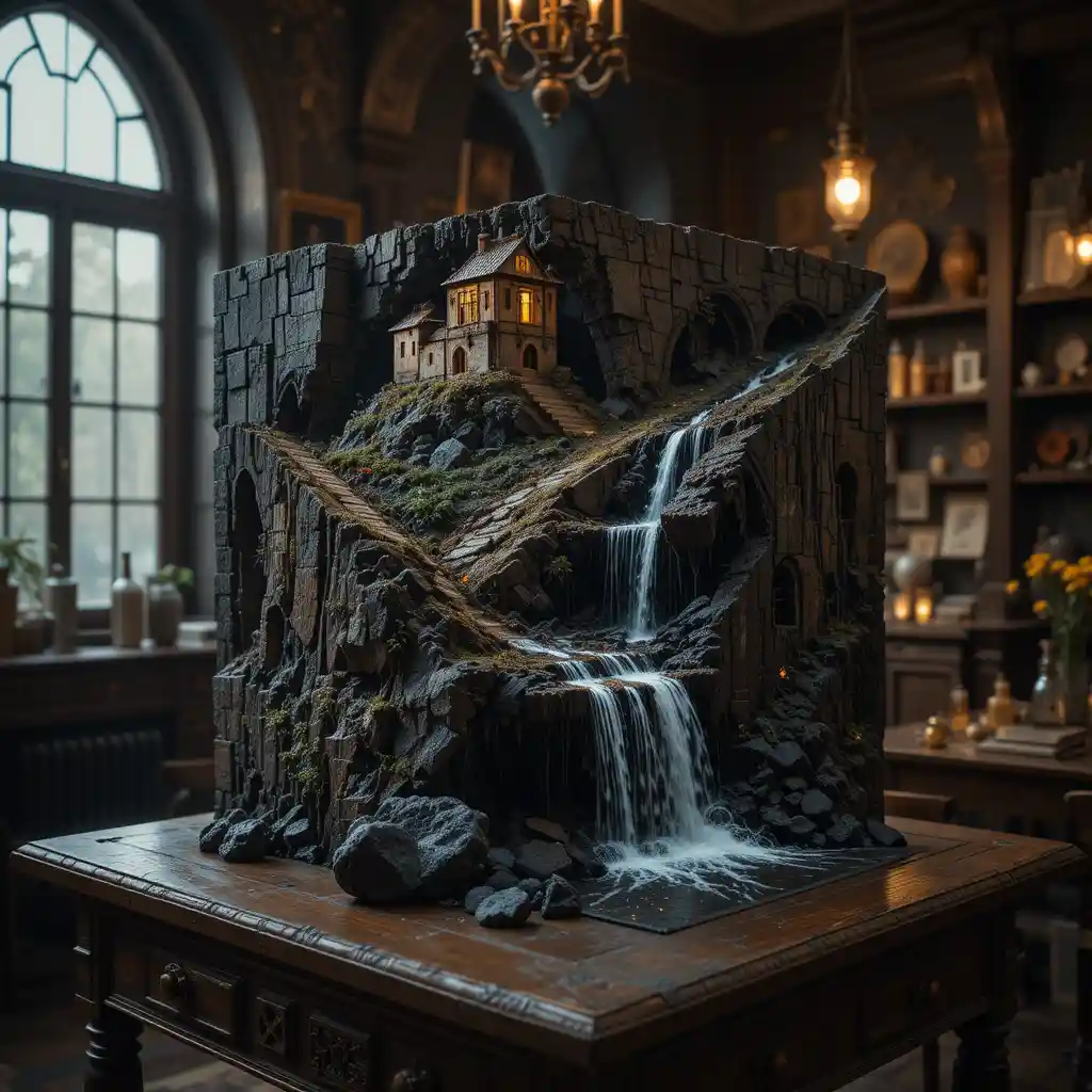 Paesaggio a cubo in miniatura con fortezza medievale e cascata