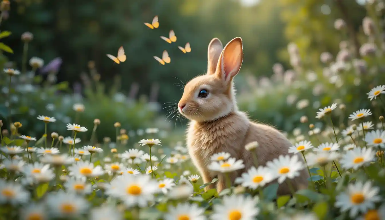 Cute brown rabbit sitting in a daisy flower field