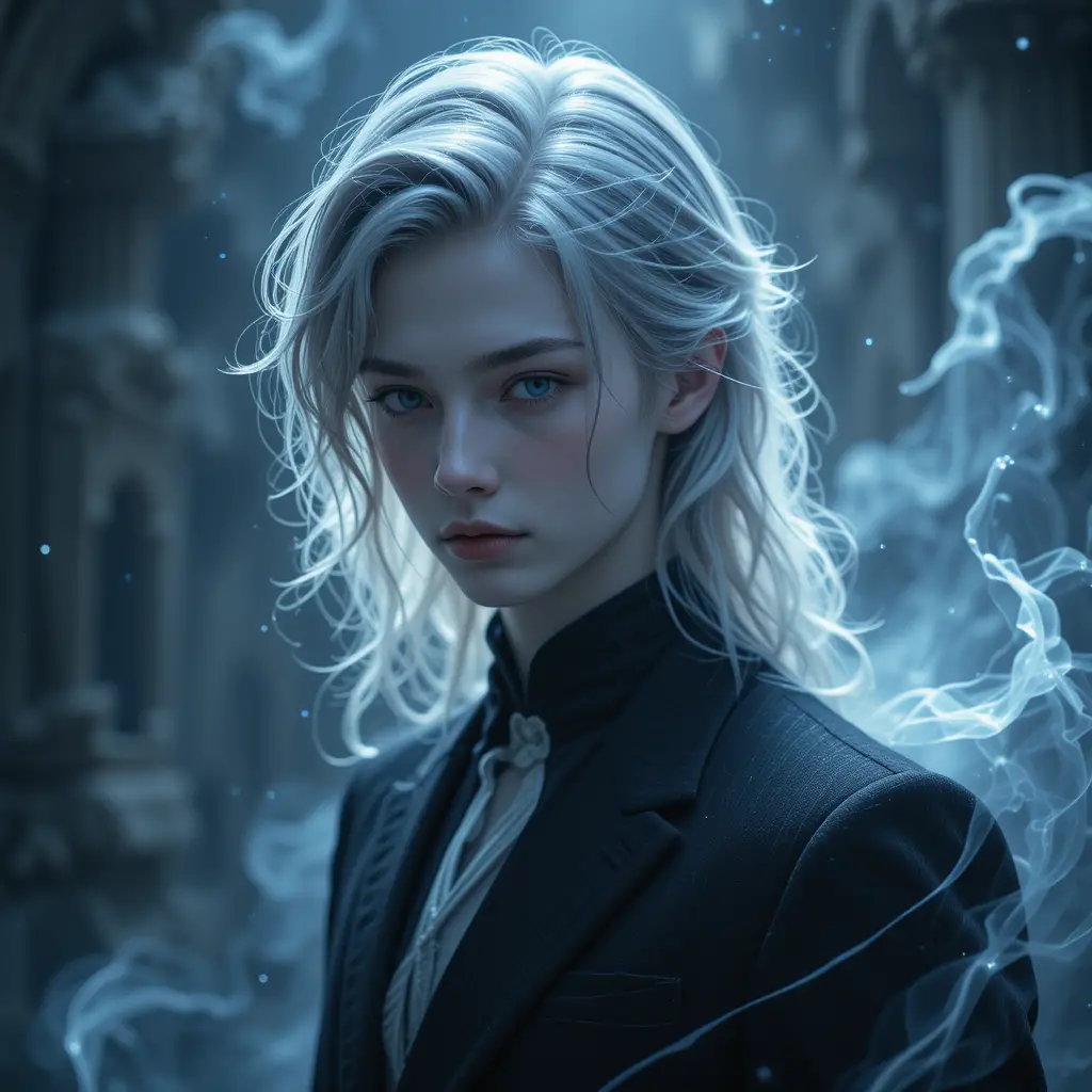 Young man with hidden magical power in dark fantasy glow