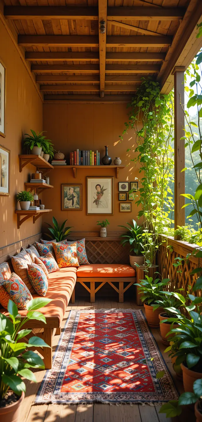 Sunlit bohemian balcony with cozy wooden seating