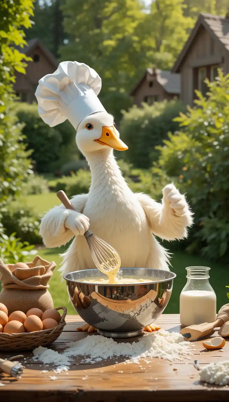 Duck Chef Whisking Batter In A Sunlit Garden Kitchen