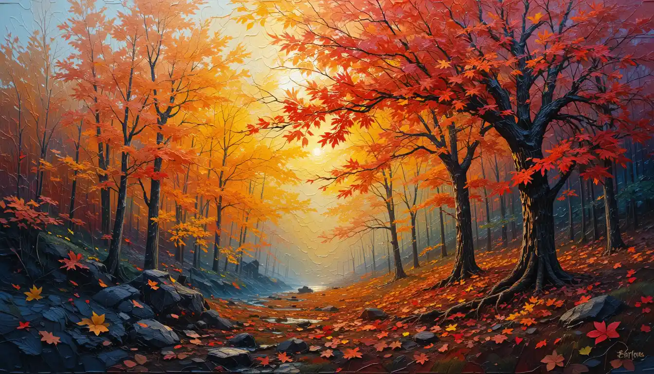 Vibrant abstract autumn scene in impasto mosaic style