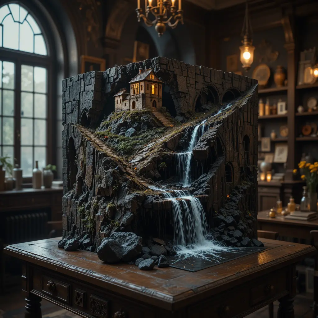 Miniature cube landscape with medieval fortress and waterfall