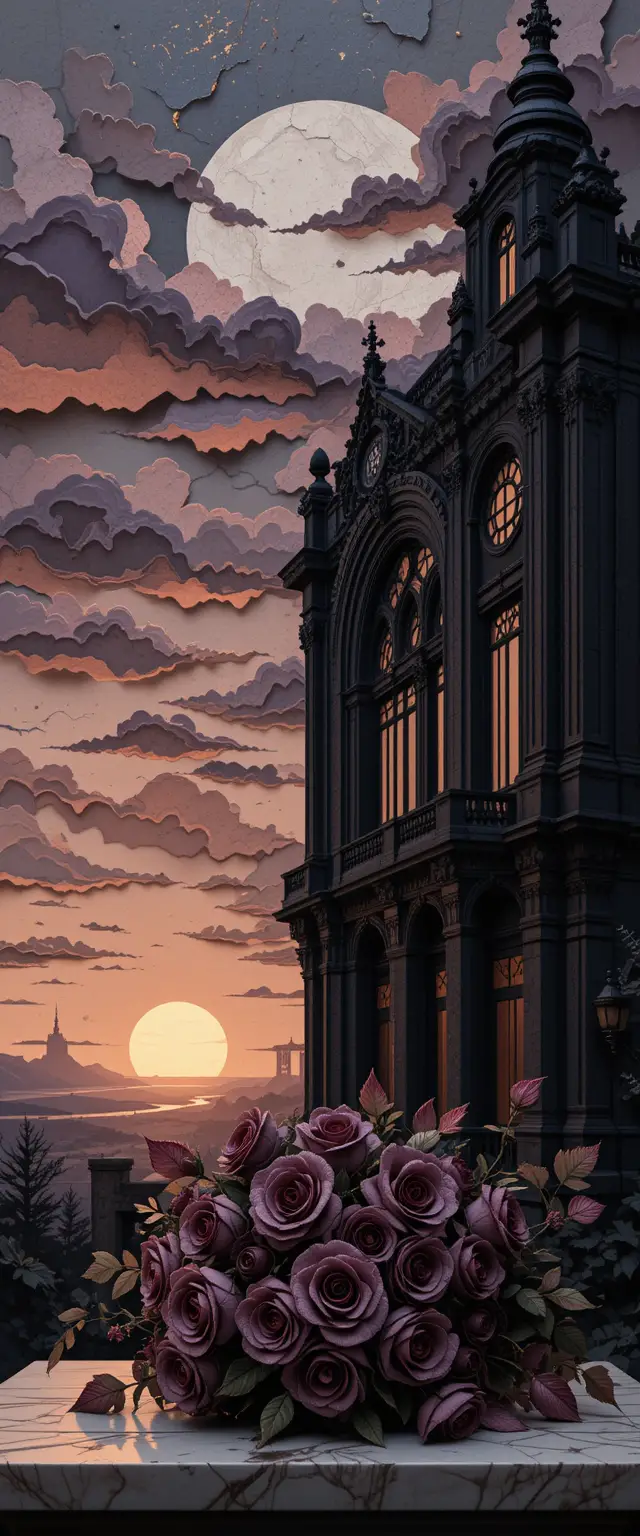 Opera house silhouette against fading twilight sky