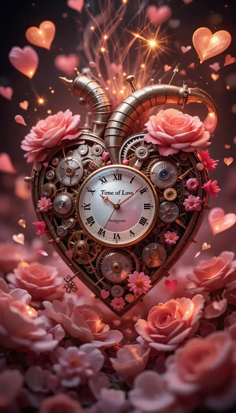 Mechanical heart of watch gears surrounded by romantic roses