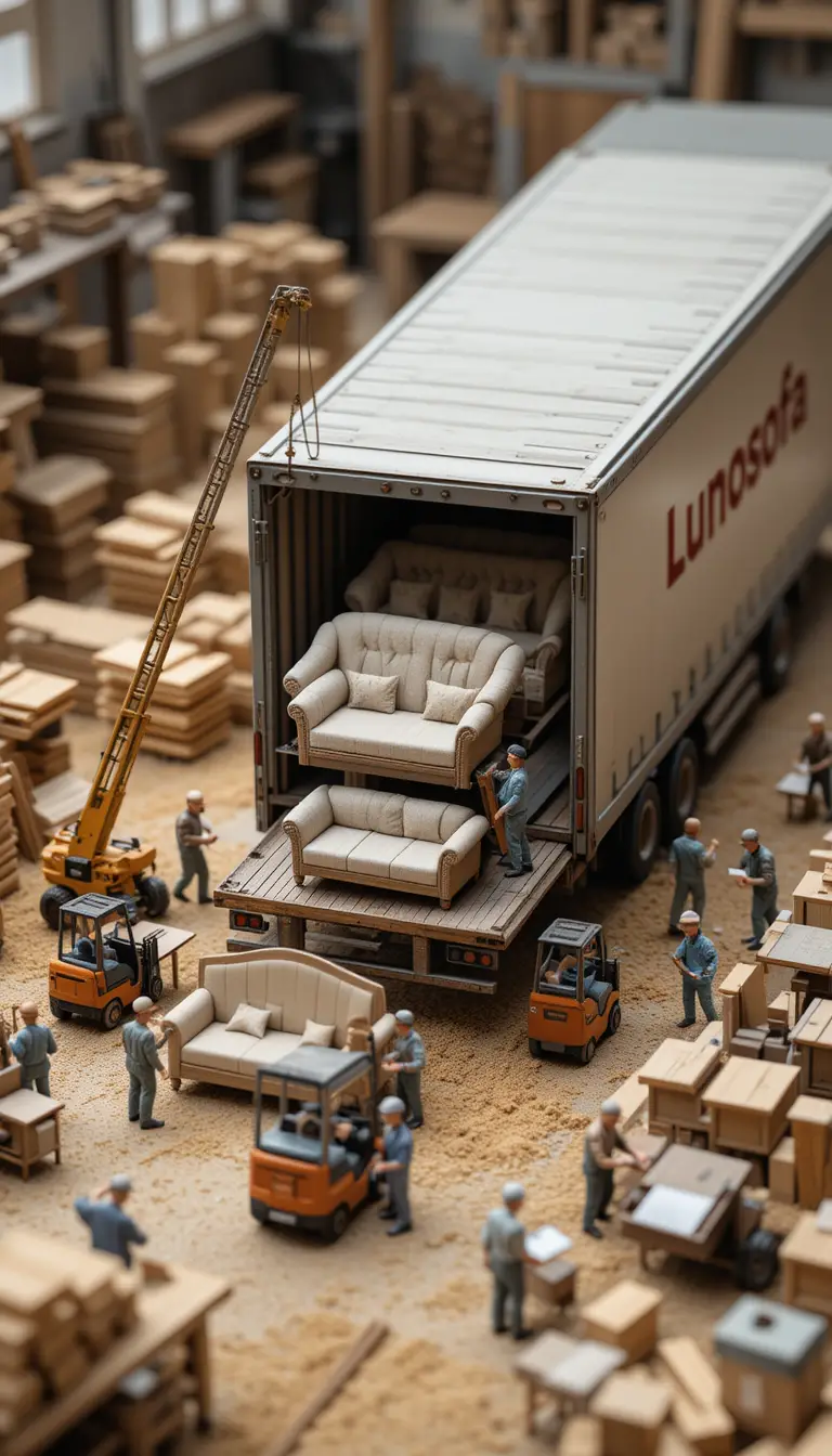 Miniature workers loading furniture onto a factory truck trailer