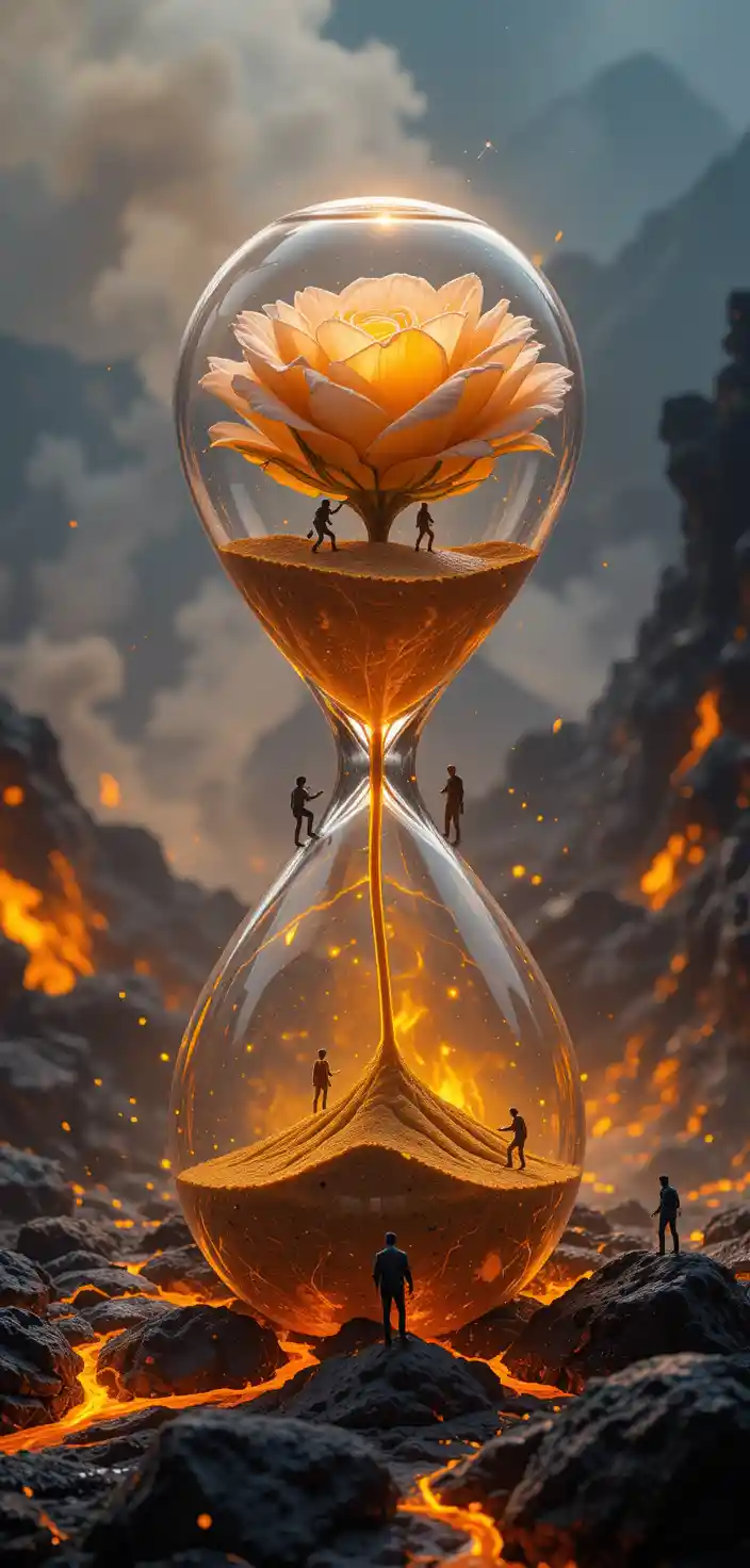 Glass Rose In Hourglass Above Fiery Volcanic Landscape