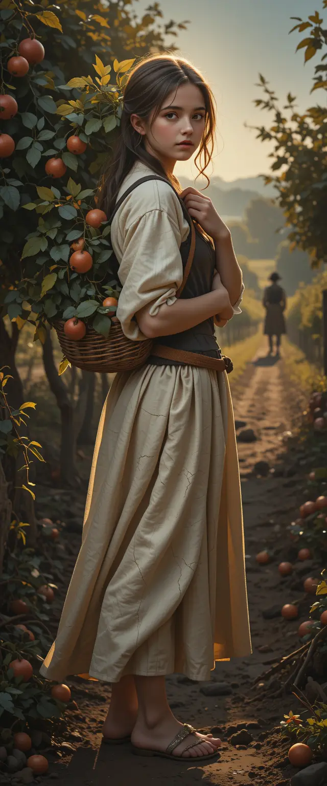 Young girl with pomegranates in a baroque farm portrait