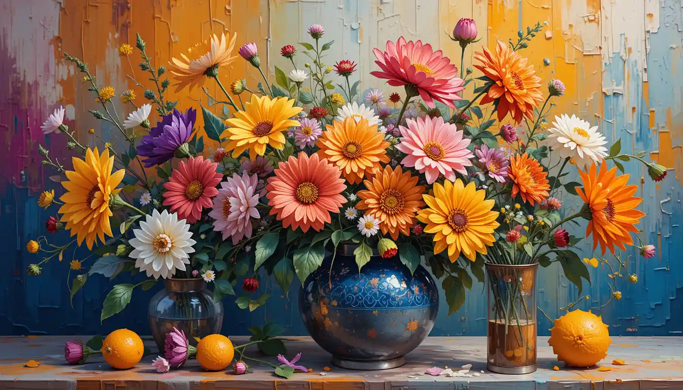 Colorful floral still life with textured impasto mosaic painting