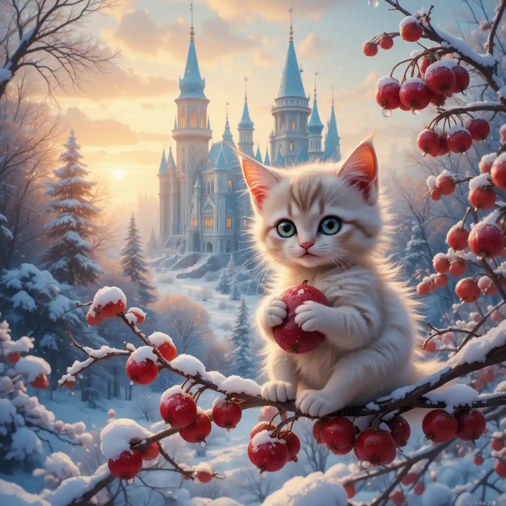 Fantasy cat child hugging rowanberry at sunrise castle