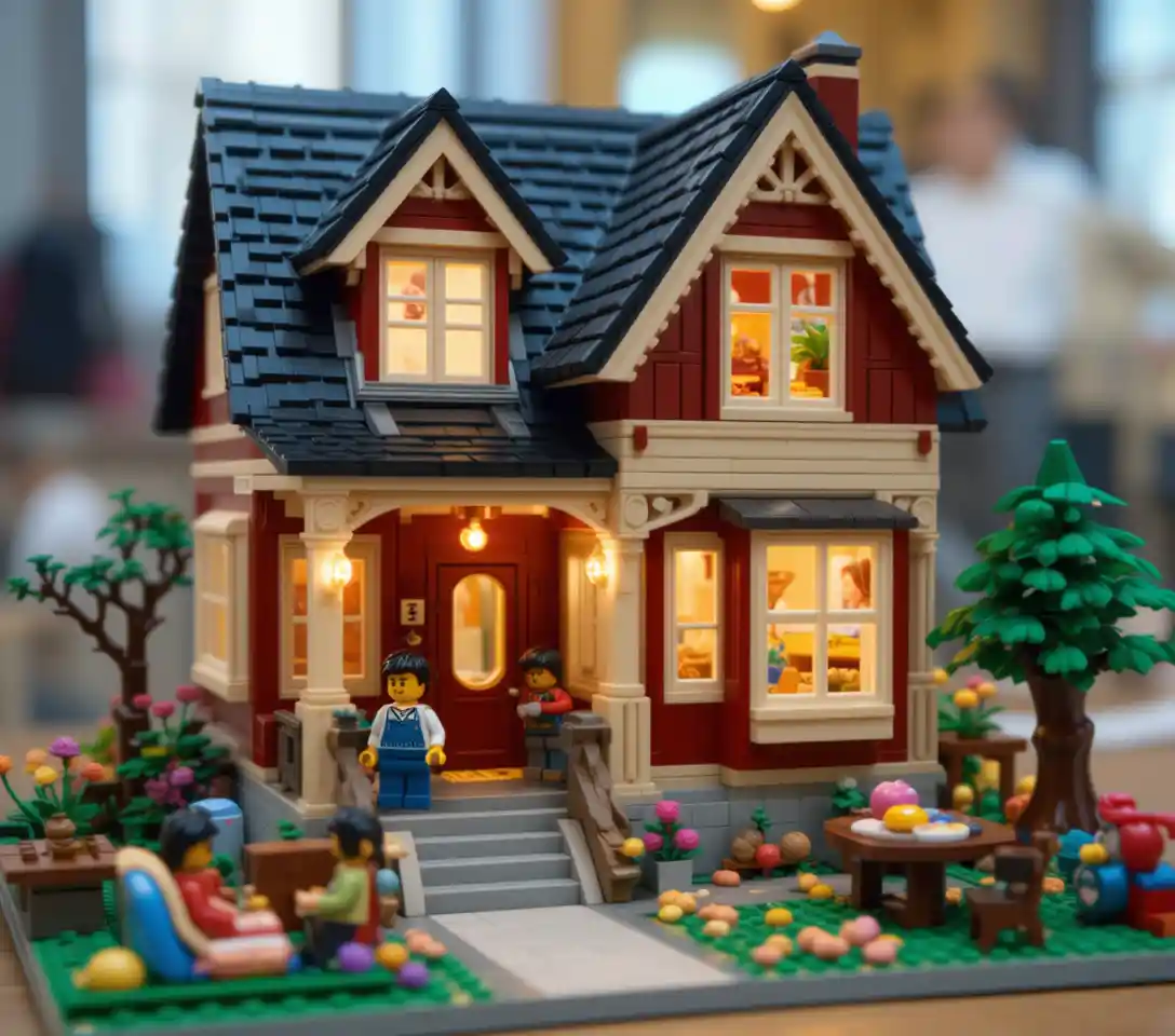 Maison Lego confortable avec jardin et scène de minifigurines