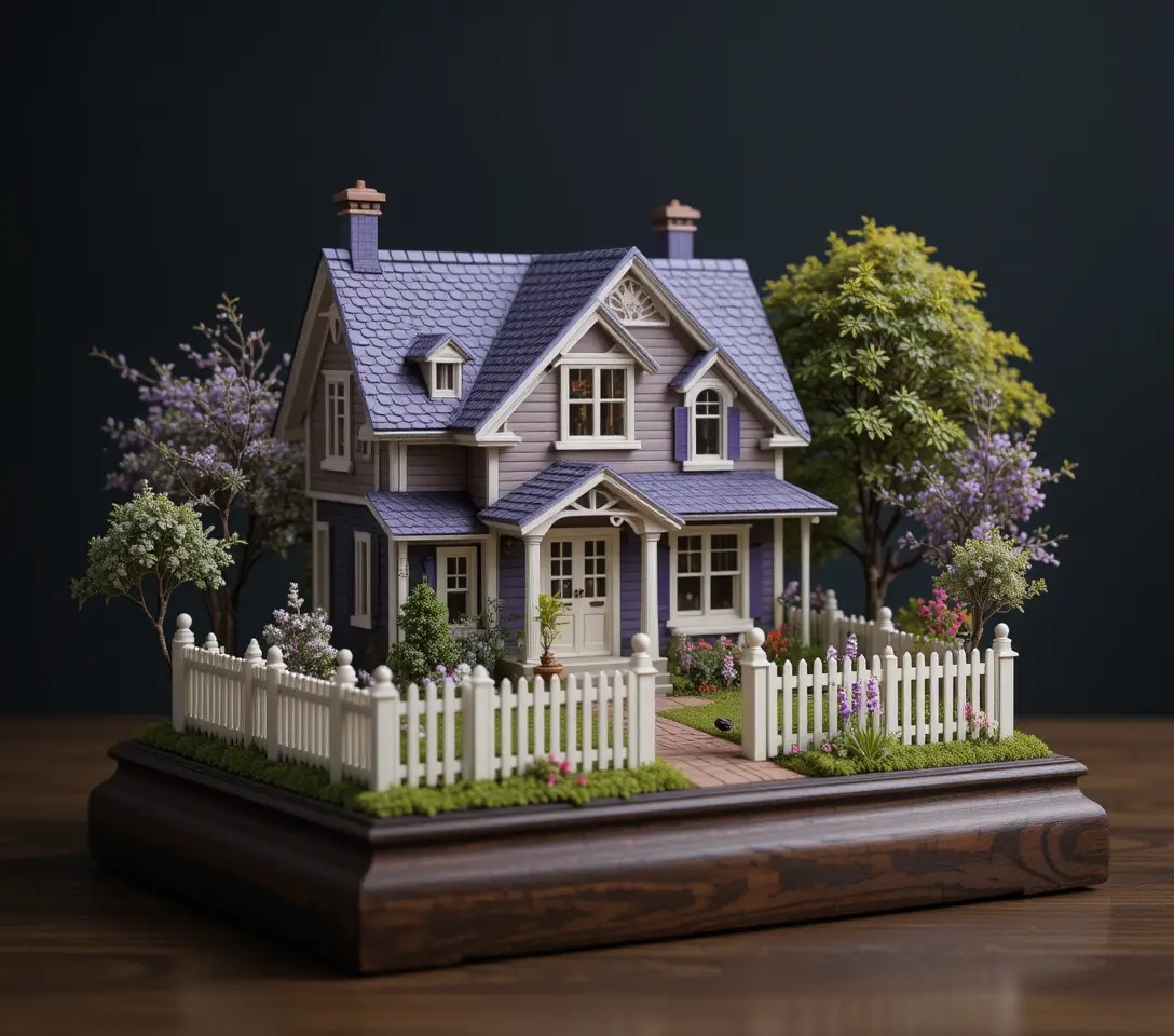 Miniature purple house with garden on wooden base