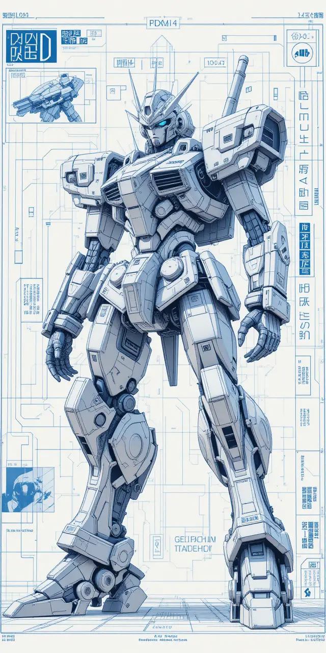 Detailed blueprint of a bipedal anime style combat mecha