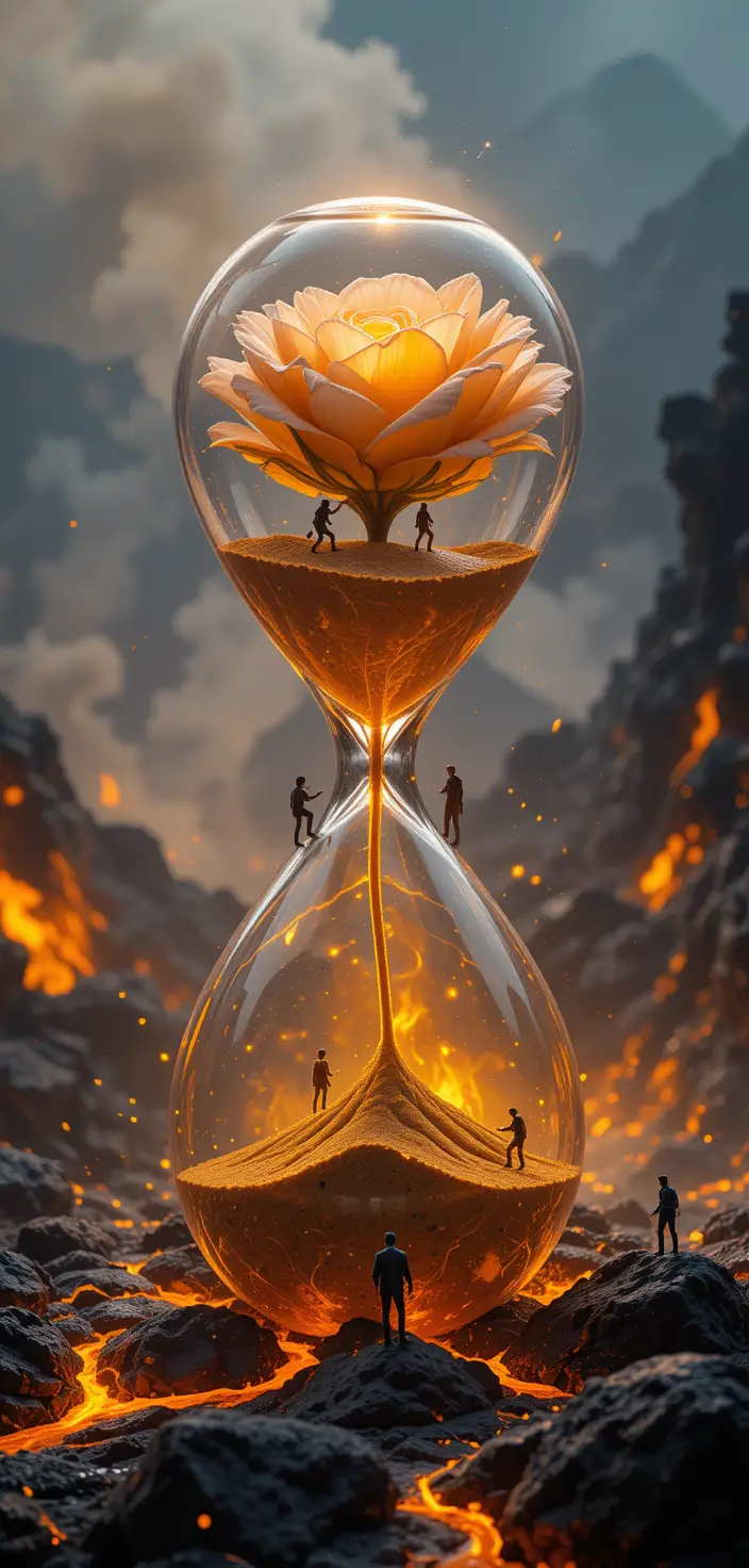 Glass Rose In Hourglass Above Fiery Volcanic Landscape