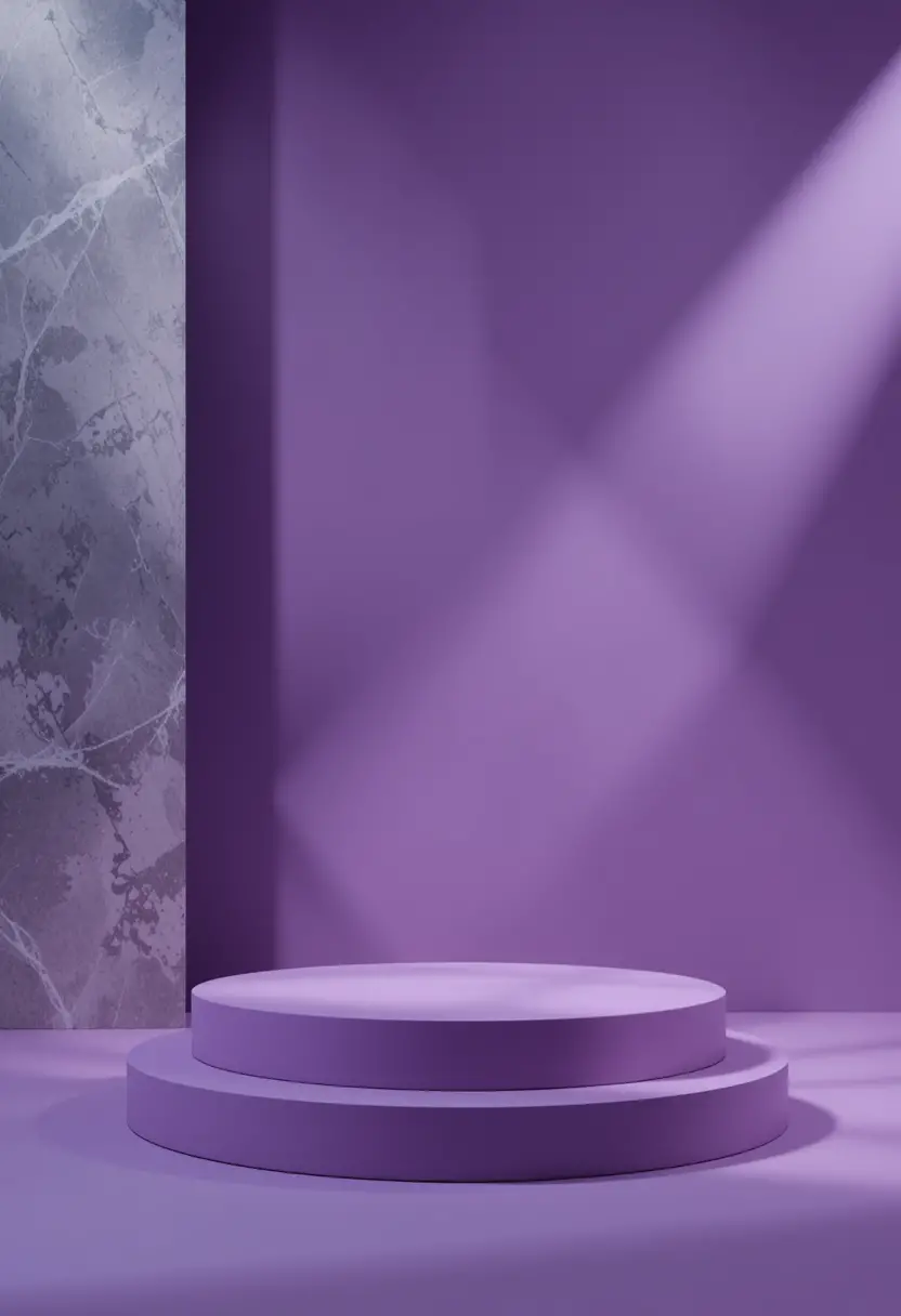 Pódio de produto roxo com holofote em cenário abstrato