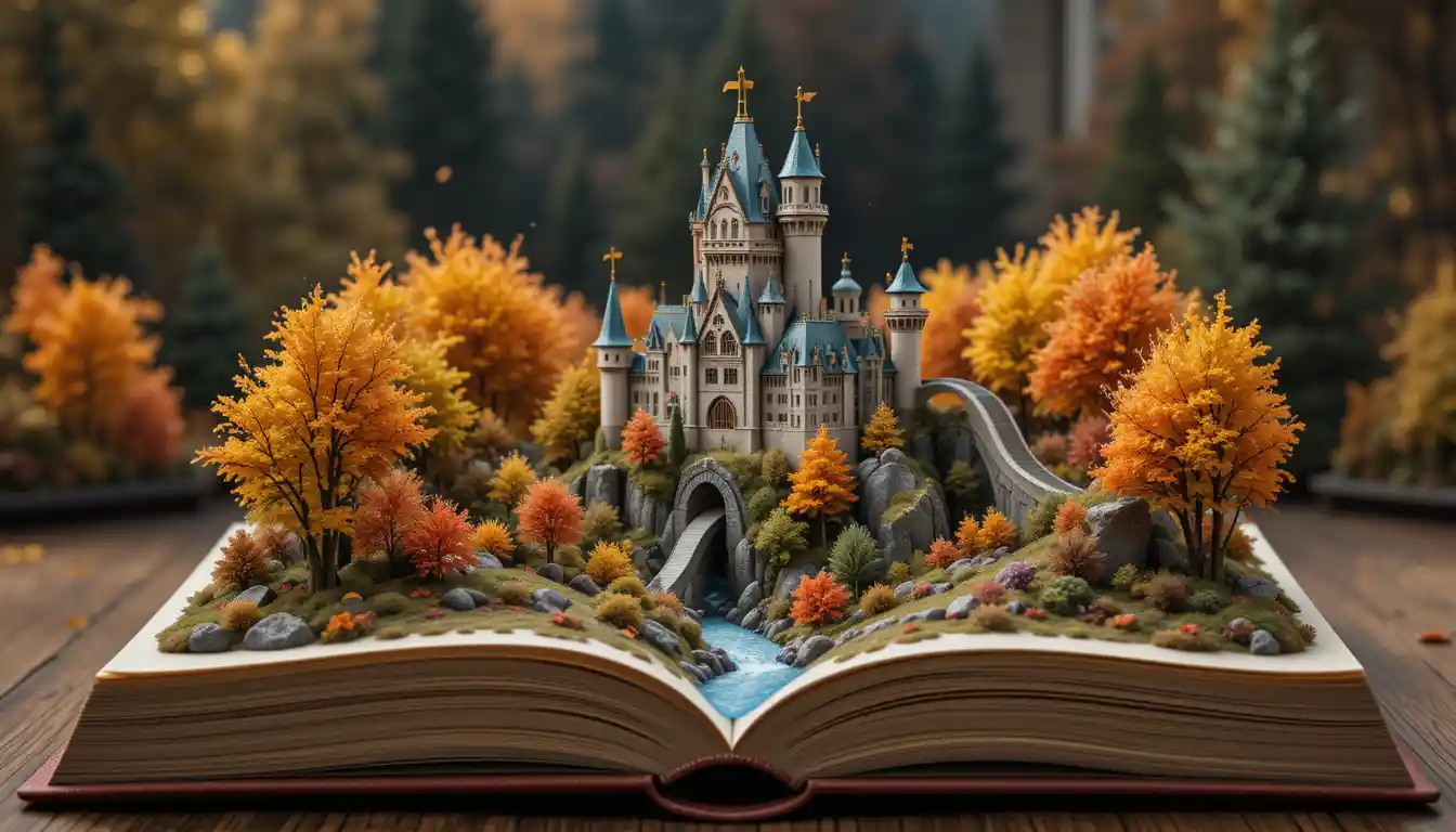 Pop up book with 3d castle in an autumn forest