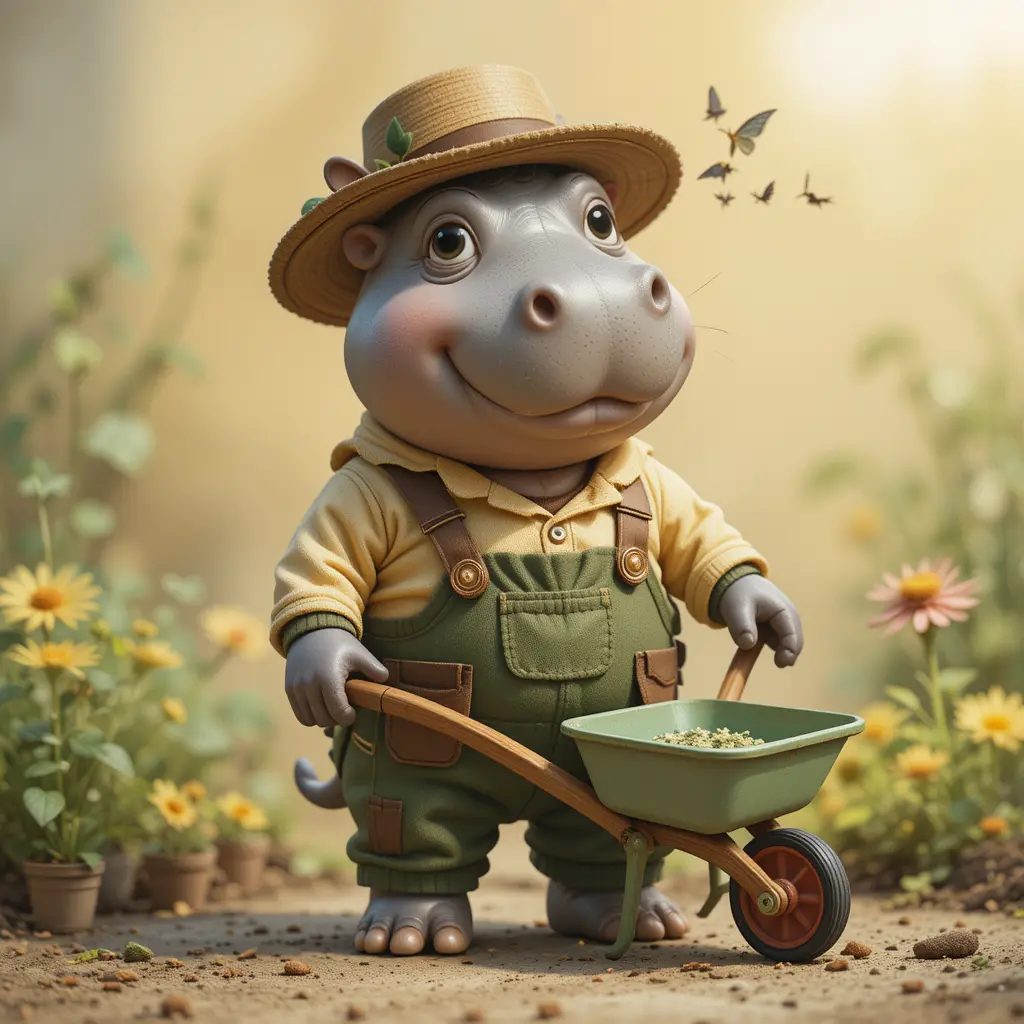 Cute toy hippo gardener with wheelbarrow illustration