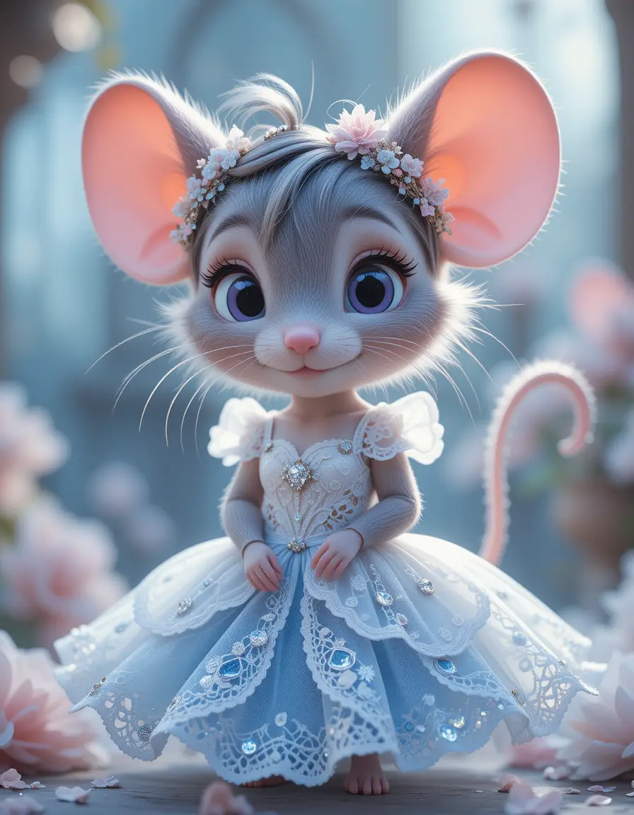 Cute cartoon mouse in blue lace dress with diamonds