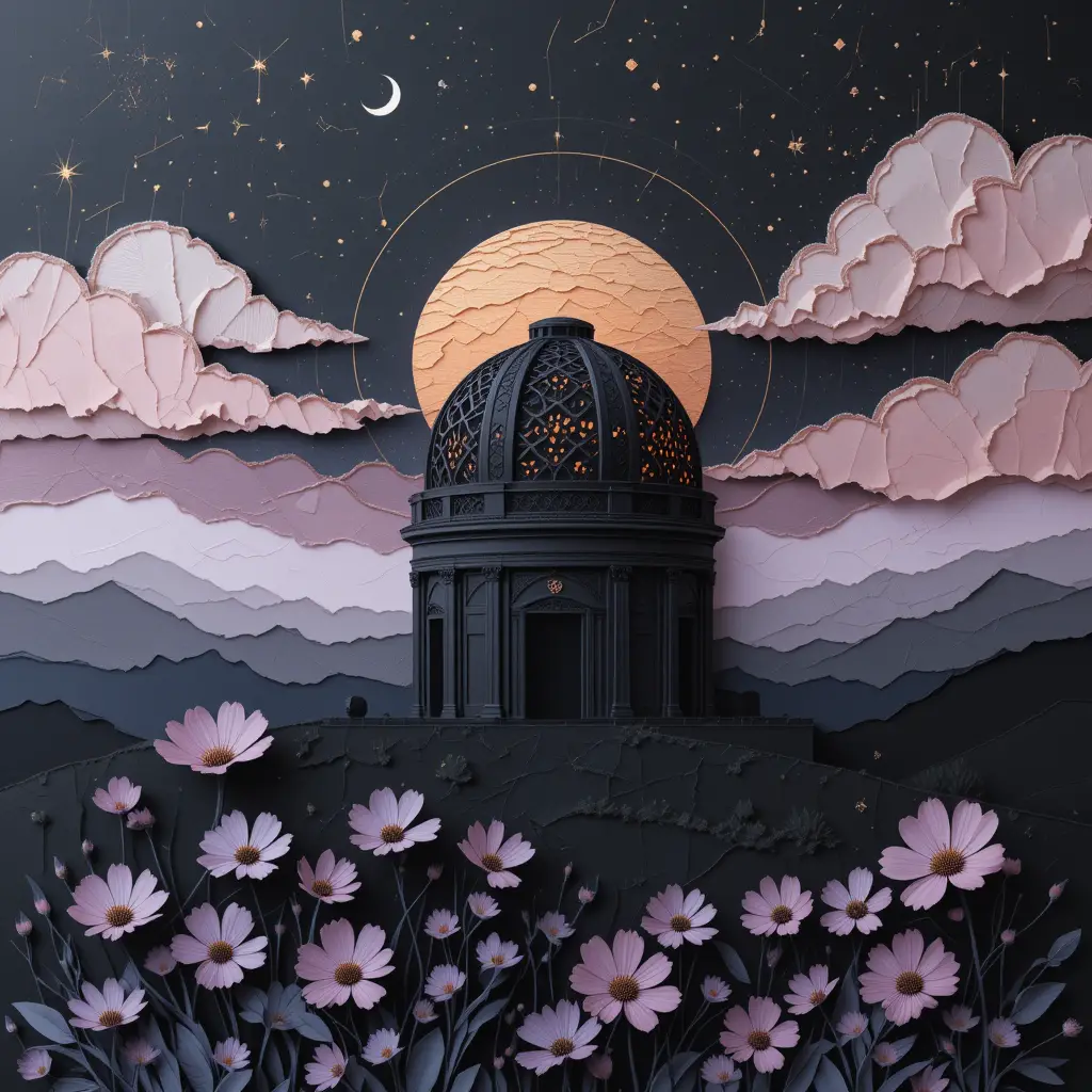 Paper celestial observatory with telescope at predawn sunrise
